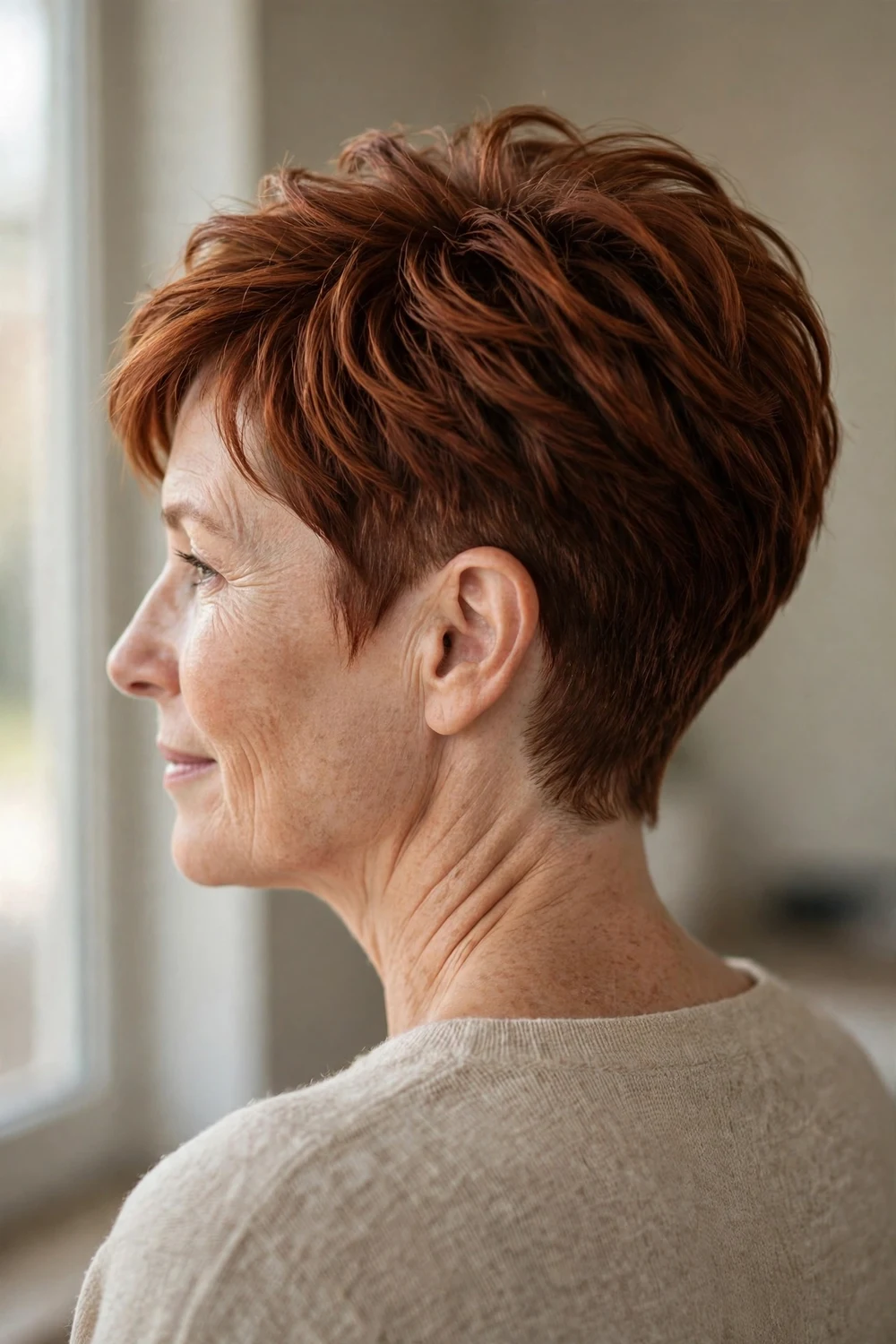 Back view of a tapered pixie with a voluminous crown on a woman over 50 with thin auburn hair