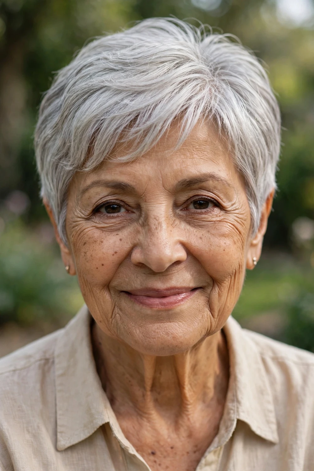 Woman in her late 60s with tapered pixie and long side-swept bangs, front view