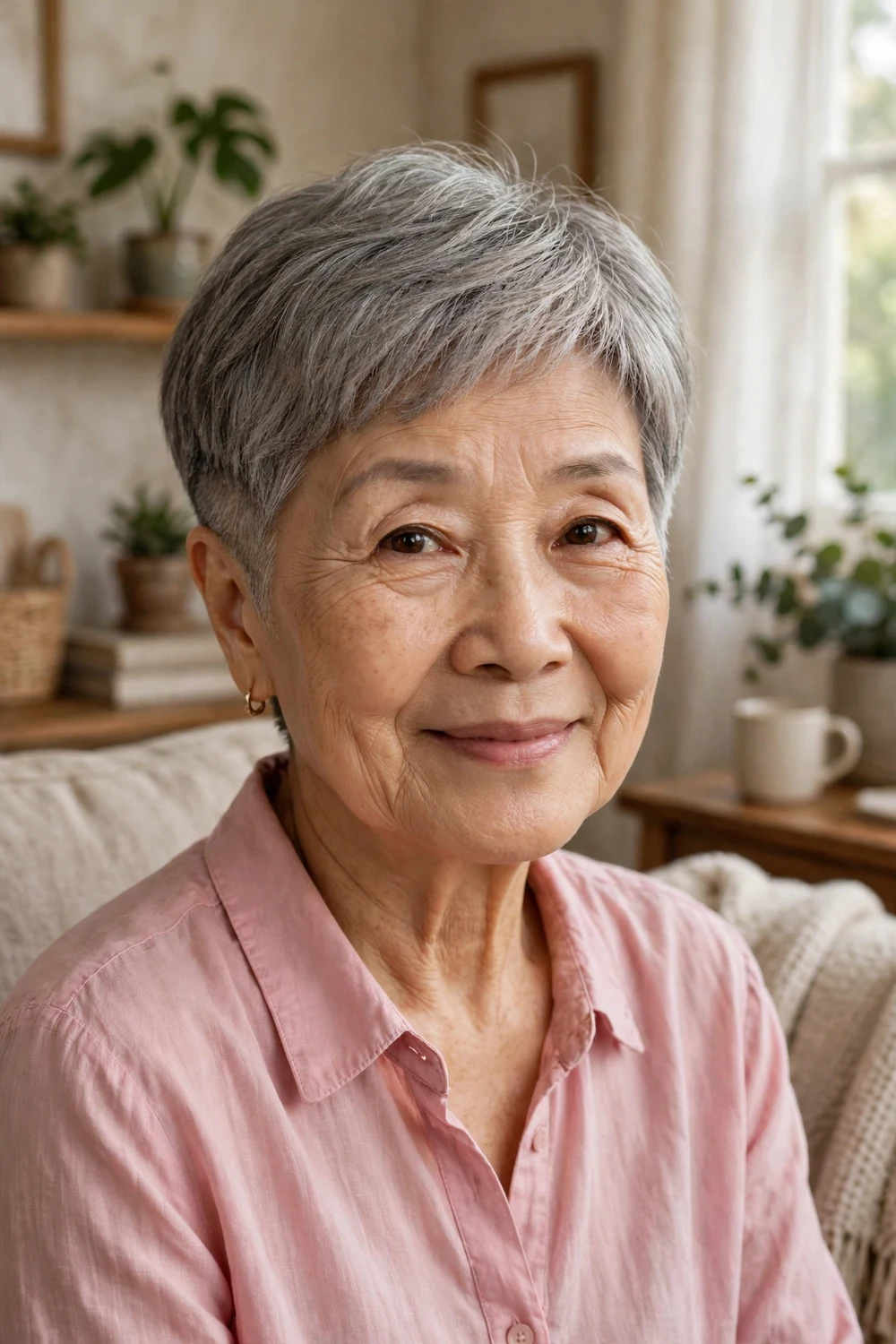 East Asian woman in her early 70s with a soft tapered gray pixie with a gradual fade