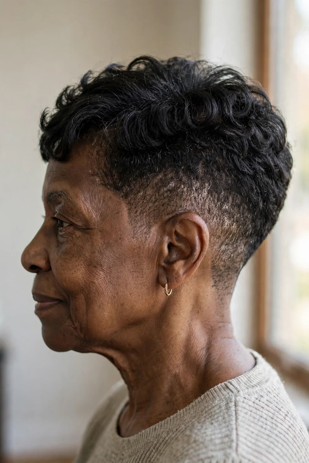 Older Black woman with a tapered undercut crop and gradual fade