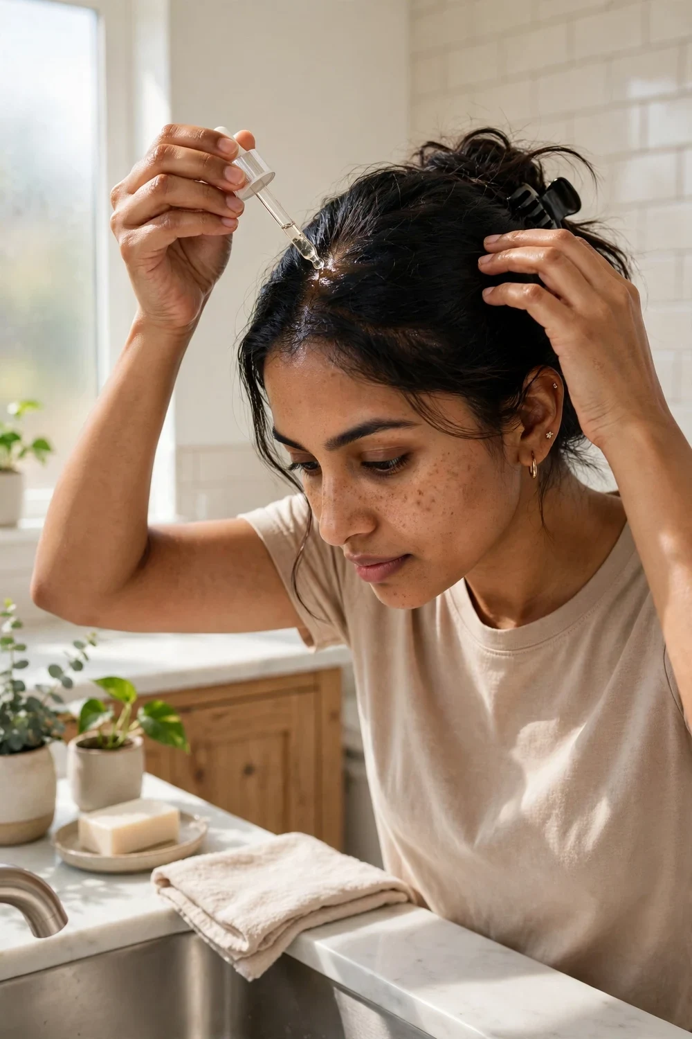 Woman applying a tea tree oil scalp treatment to oily roots before shampooing