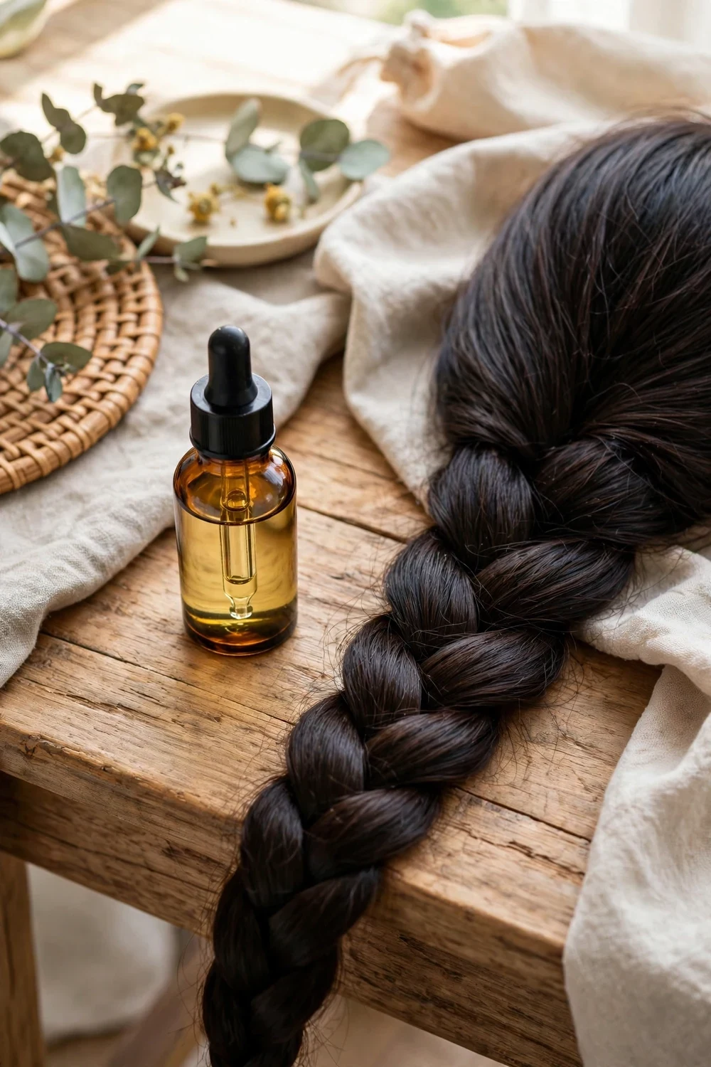 Small dropper bottle of diluted tea tree scalp oil beside braided hair