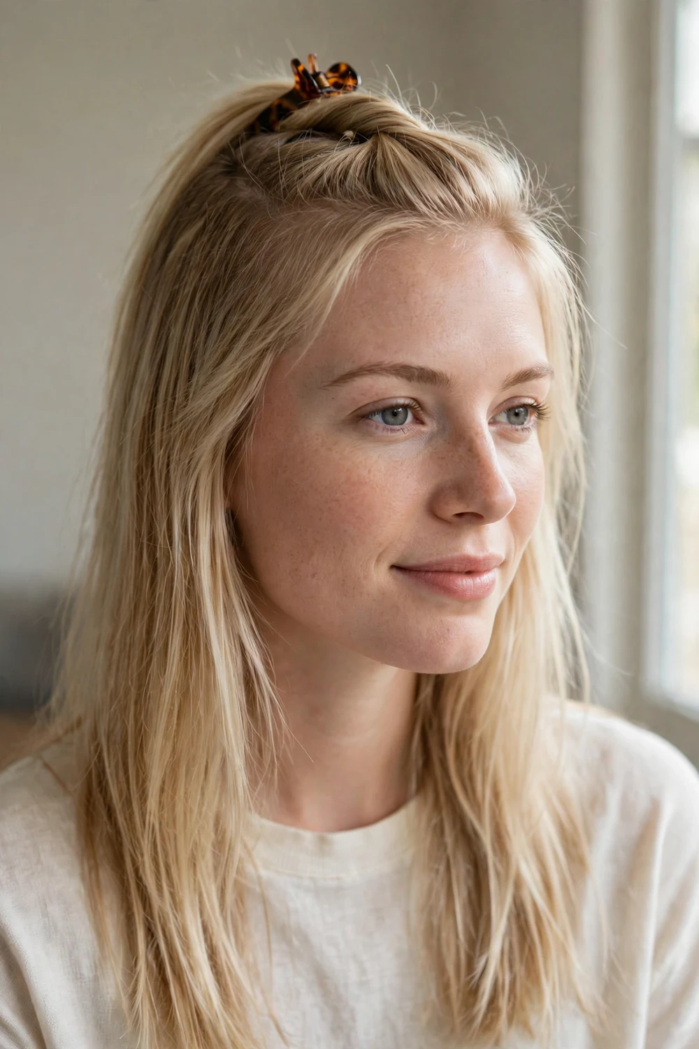Teased crown half-up hairstyle with tortoiseshell claw clip on thin fine blonde hair