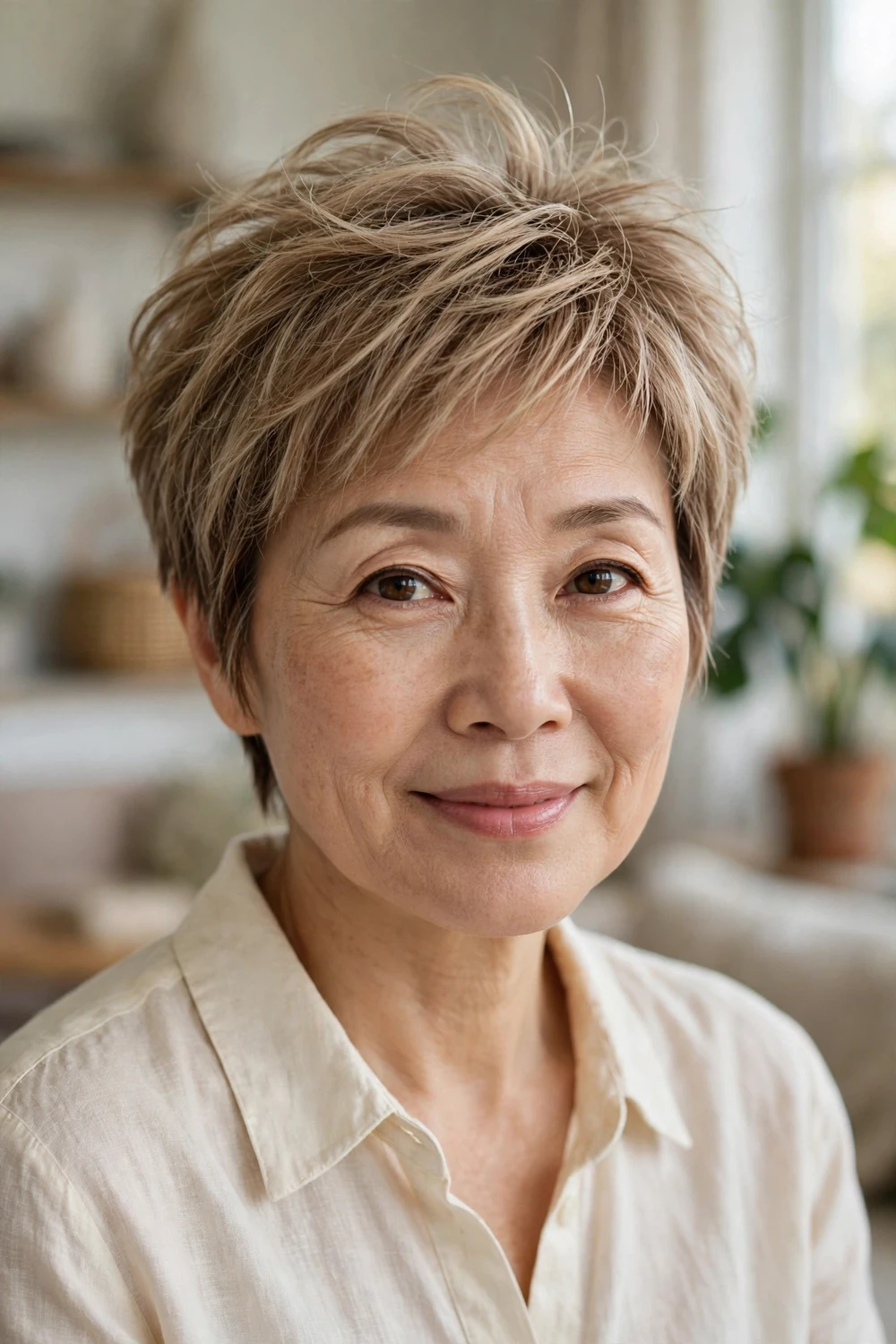 Woman over 50 with a teased pixie and blonde highlights on thin hair