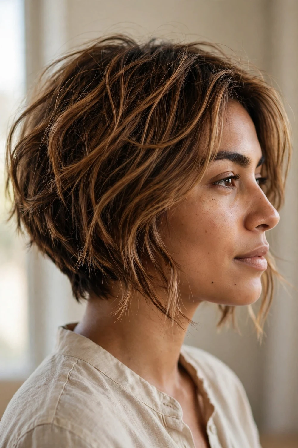 Textured angled bob on a woman with a round face, caramel brown hair with airy choppy layers