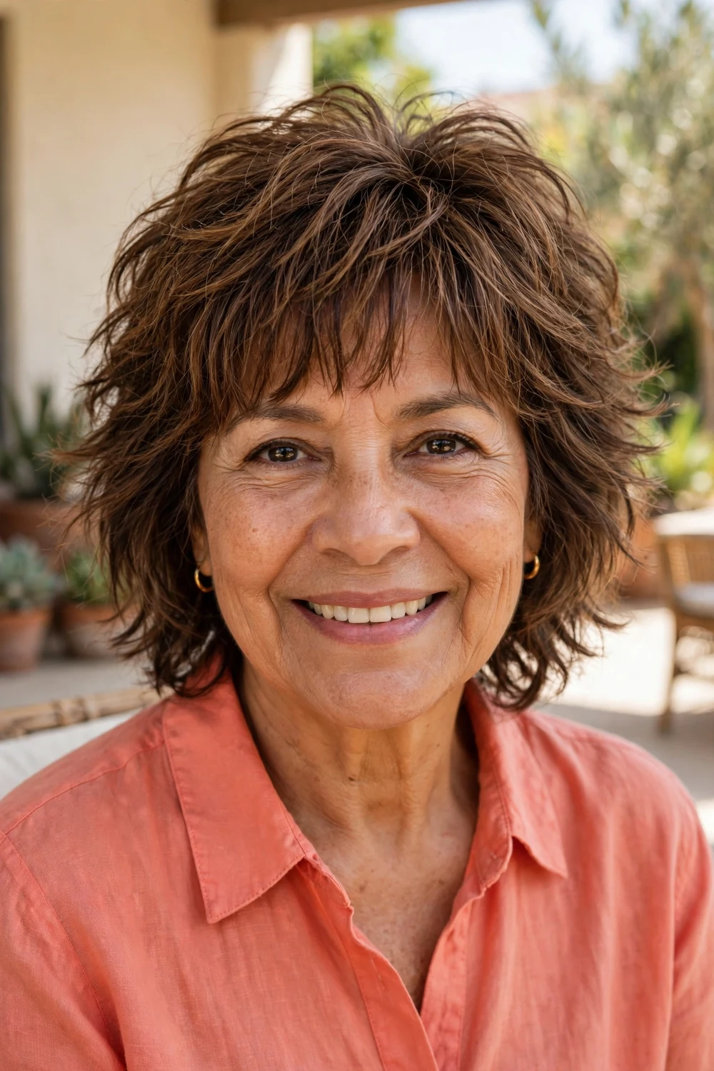 Latina woman in her early 60s with warm brown textured bangs and a layered lob
