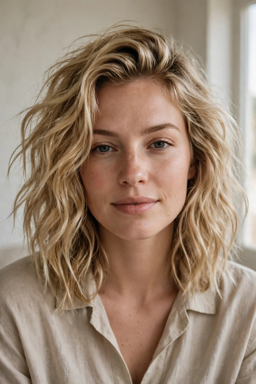 Woman with blonde medium hair in textured beach waves
