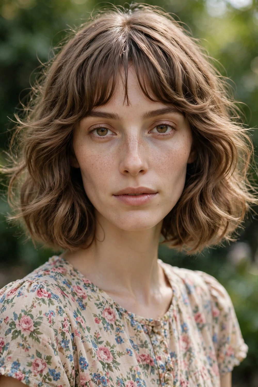 Woman with a long oval face wearing a textured wavy bob with bottleneck bangs widening at the cheekbones