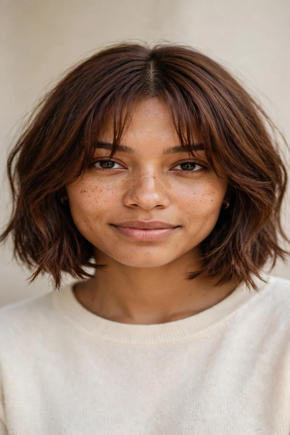 Woman with a textured bob and curtain bangs framing the face