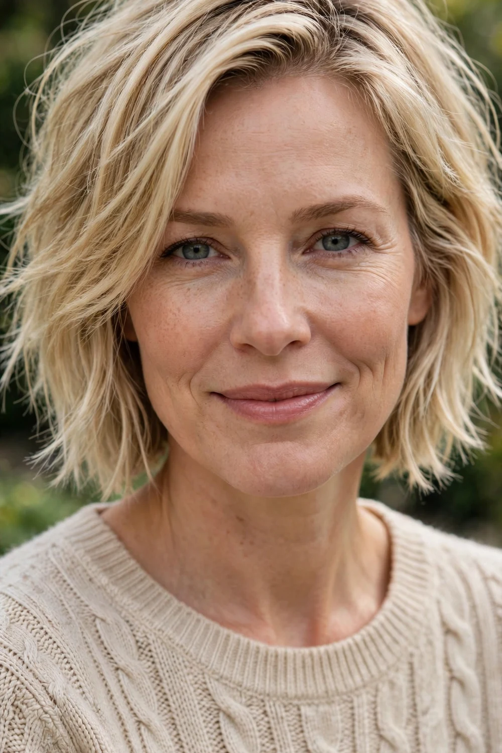 Woman with a textured chin-length bob with choppy piecey ends