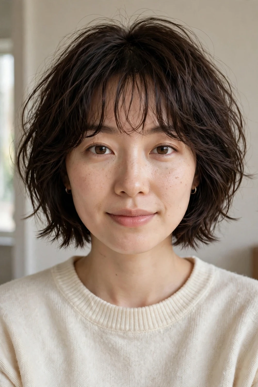 Textured bob with wispy fringe on thin hair