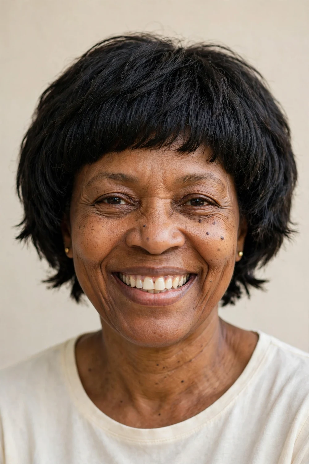 Older Black woman with a modern textured bowl cut