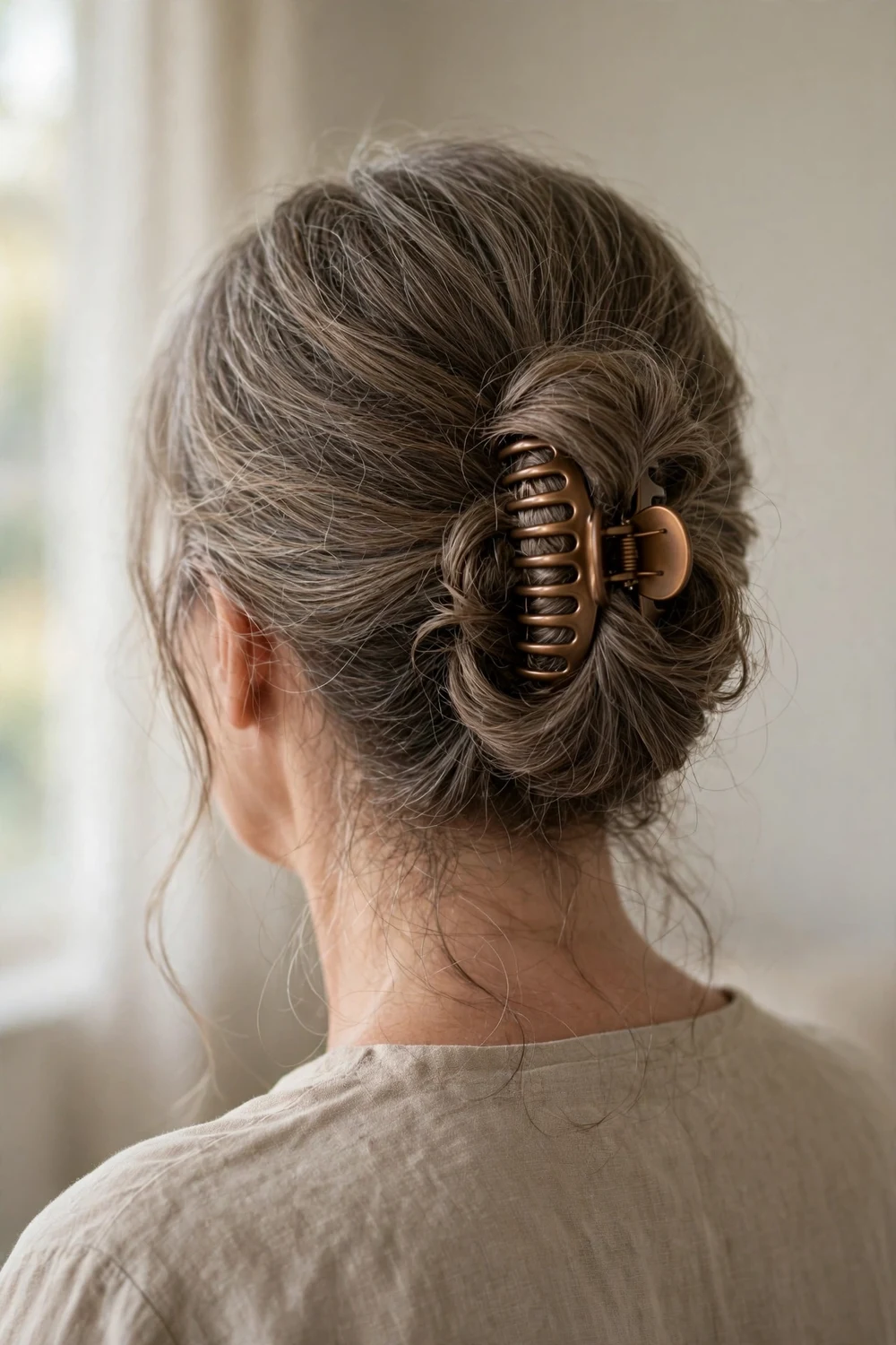 Woman with gray-brown medium-length hair in a soft textured chignon at the nape held with a medium bronze claw clip