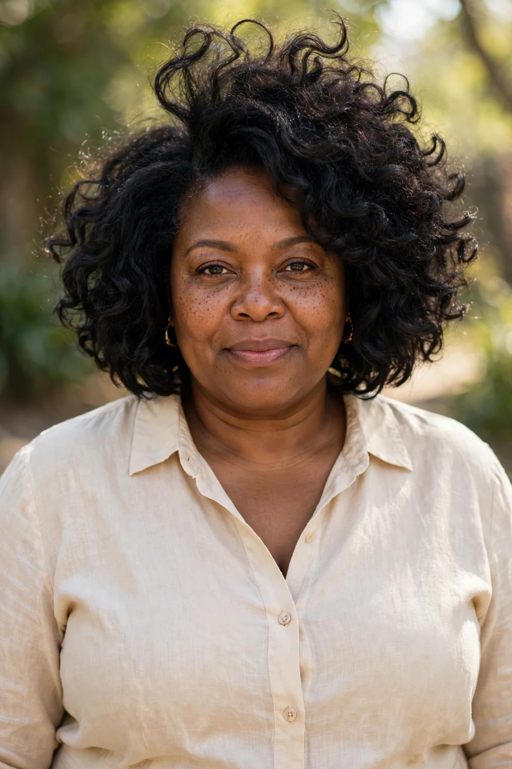 Plus-size Black woman in her mid 40s with a textured chin-length bob with volume at the crown