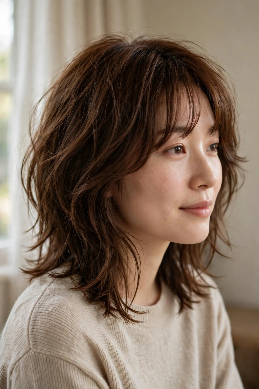 Textured choppy layers with curtain bangs on fine hair
