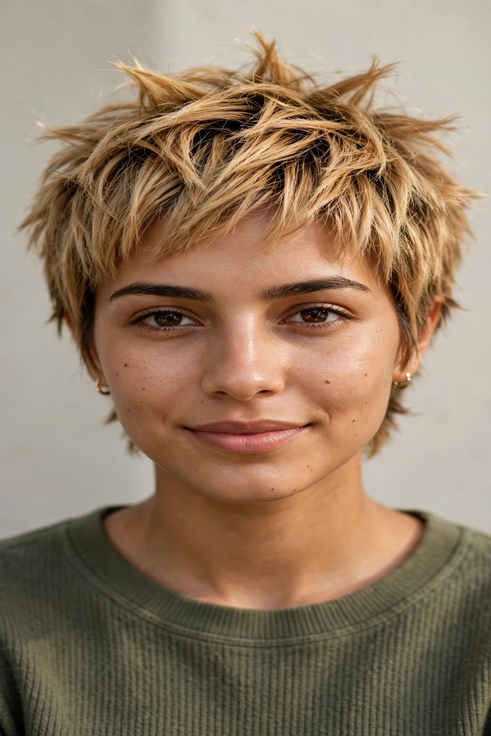 Woman with a textured choppy pixie, piecey separated top