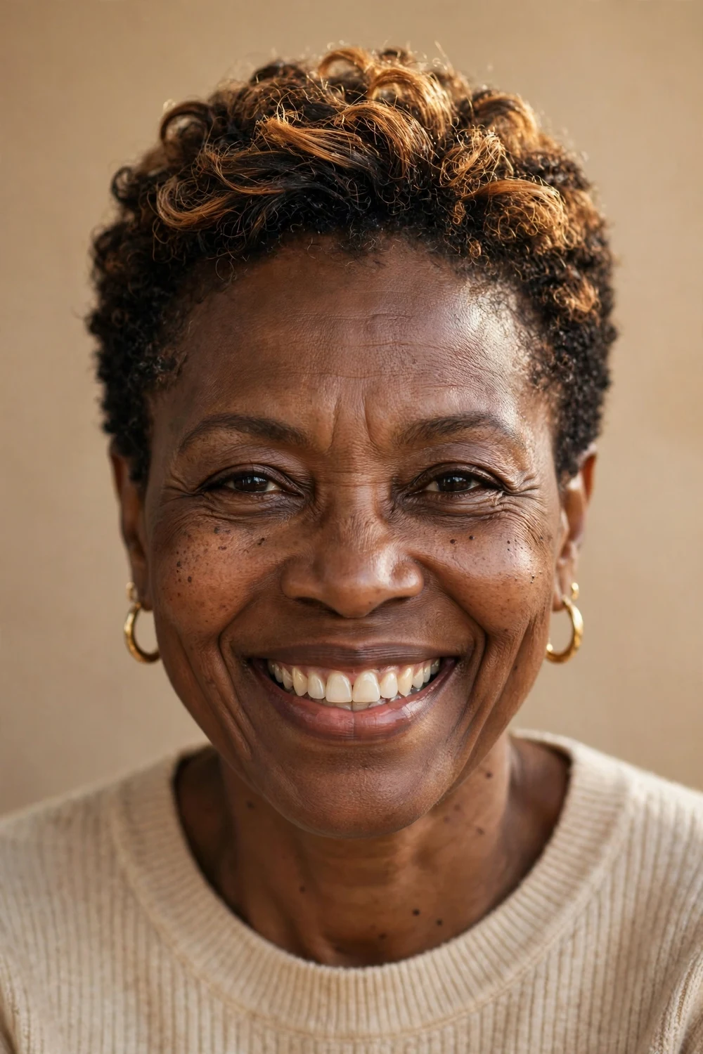 Older Black woman with a textured crop with warm highlights