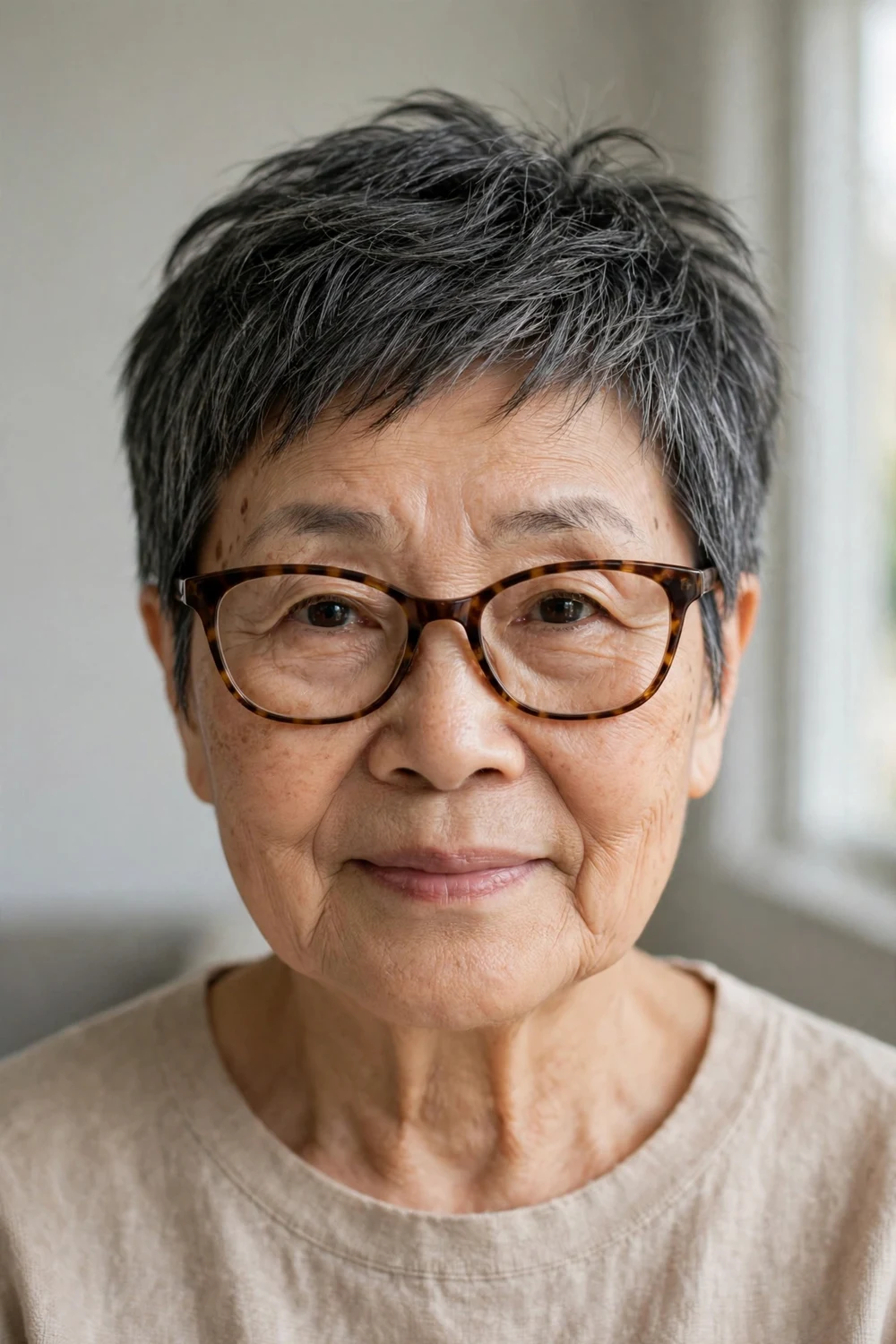 Textured crop pixie on a woman over 60 wearing glasses