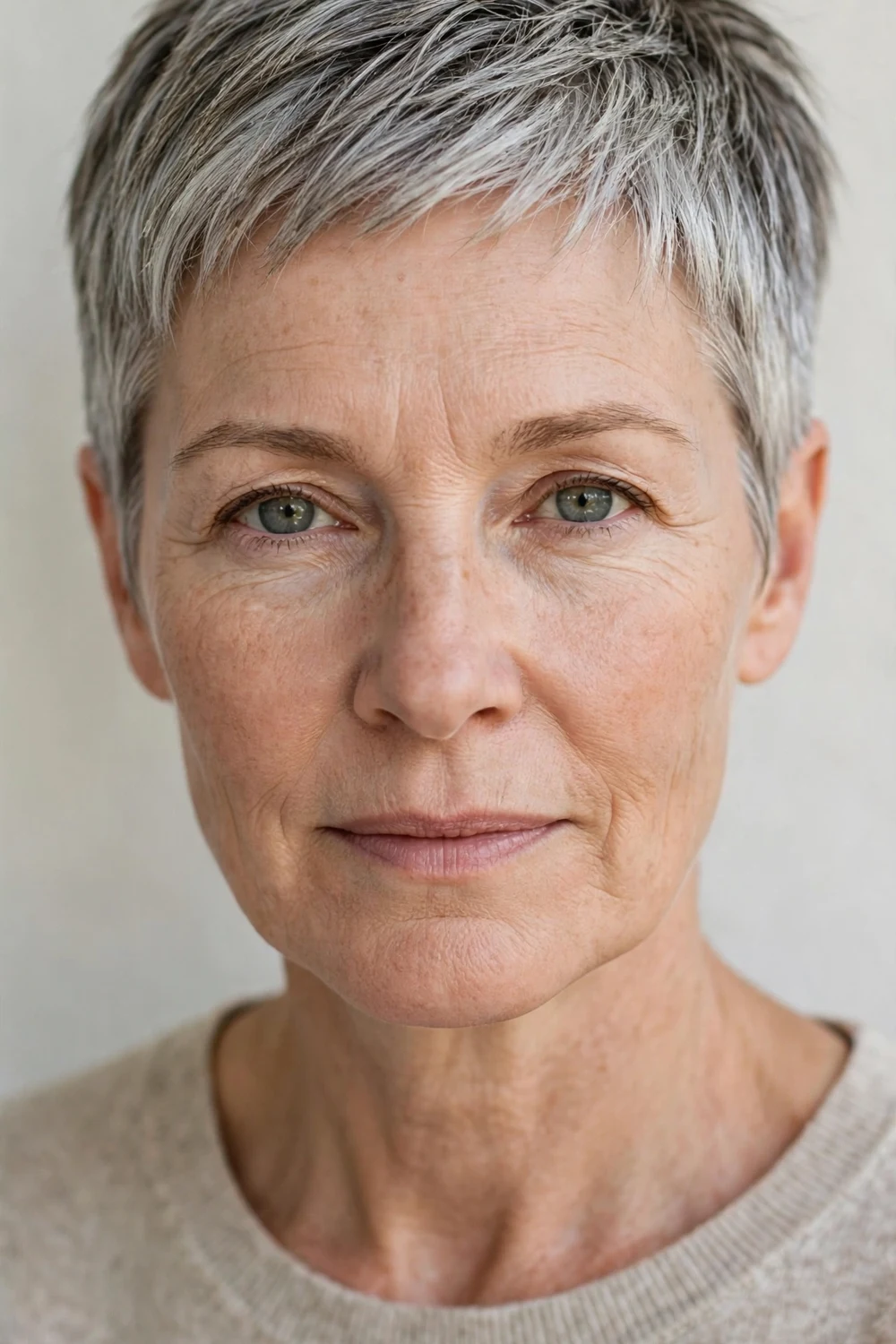 Woman with a textured crop on straight hair, short point-cut layers with tousled finish