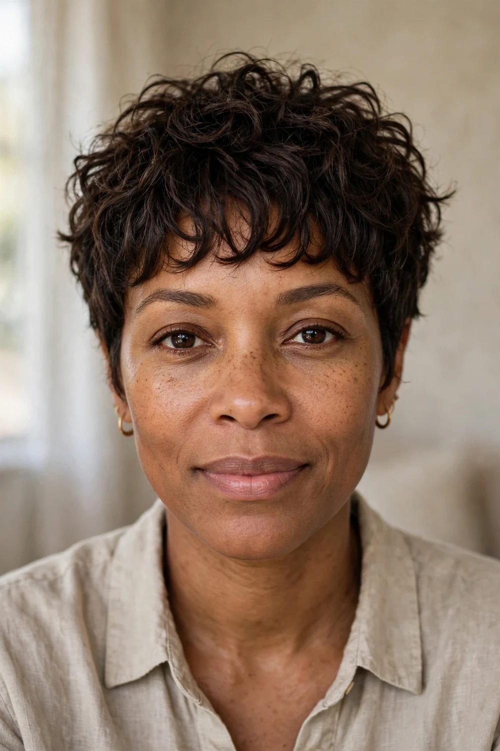 Textured curly crop pixie with choppy bangs