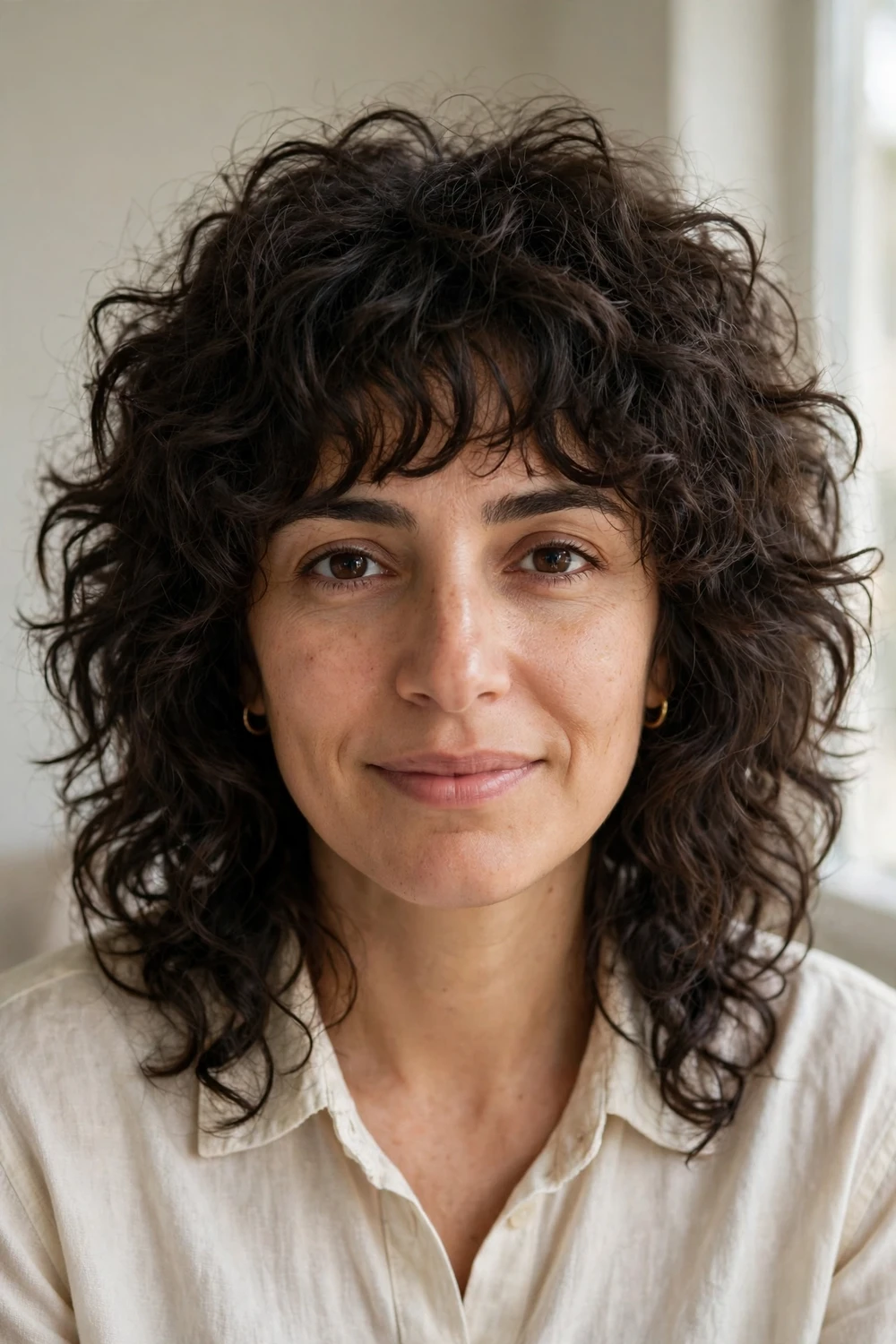 Woman with a textured curly shag haircut on thick hair