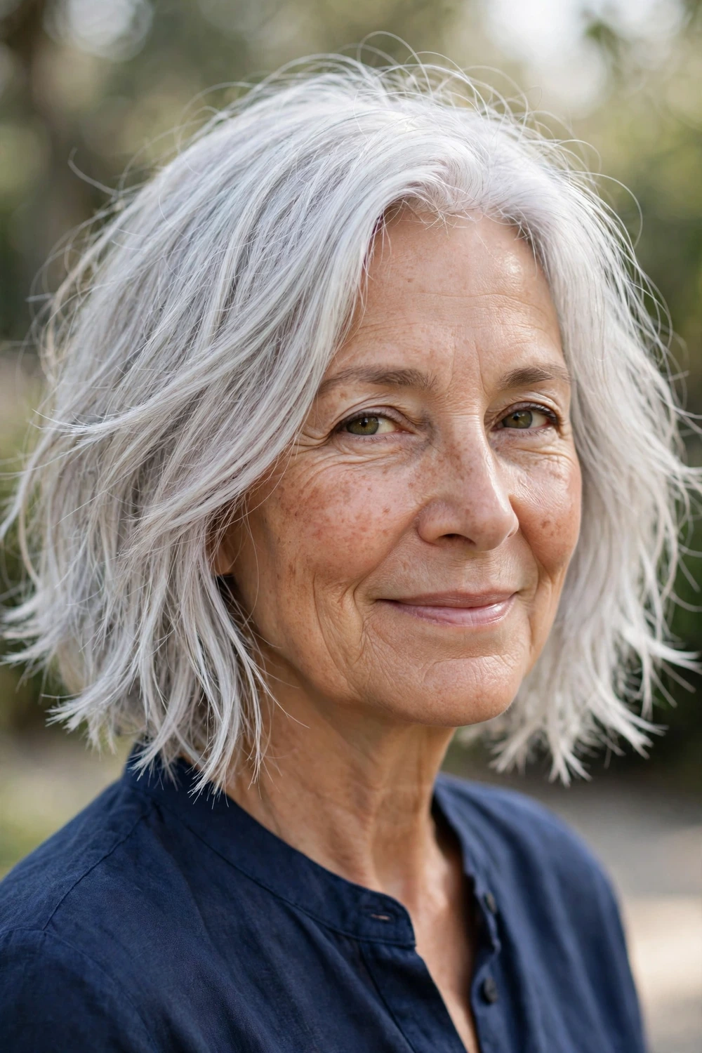 63-year-old South Asian woman with dark layered bob with textured ends