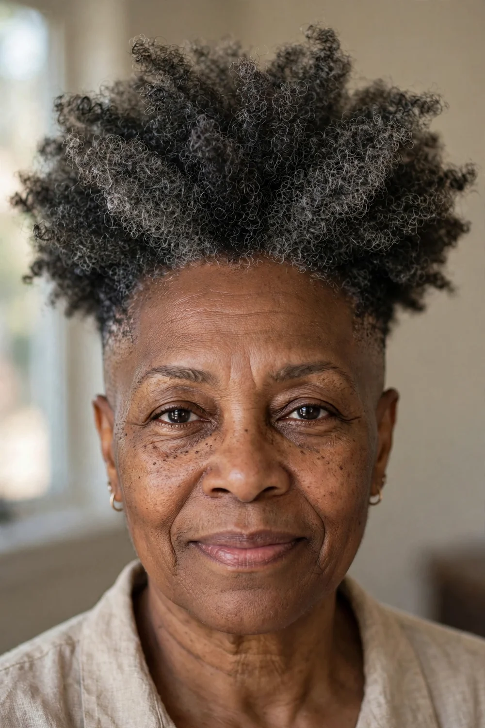Older Black woman with a full textured salt-and-pepper crown and faded sides