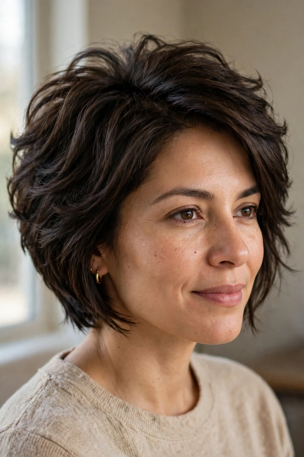 Textured stacked bob with feathered layers through the crown