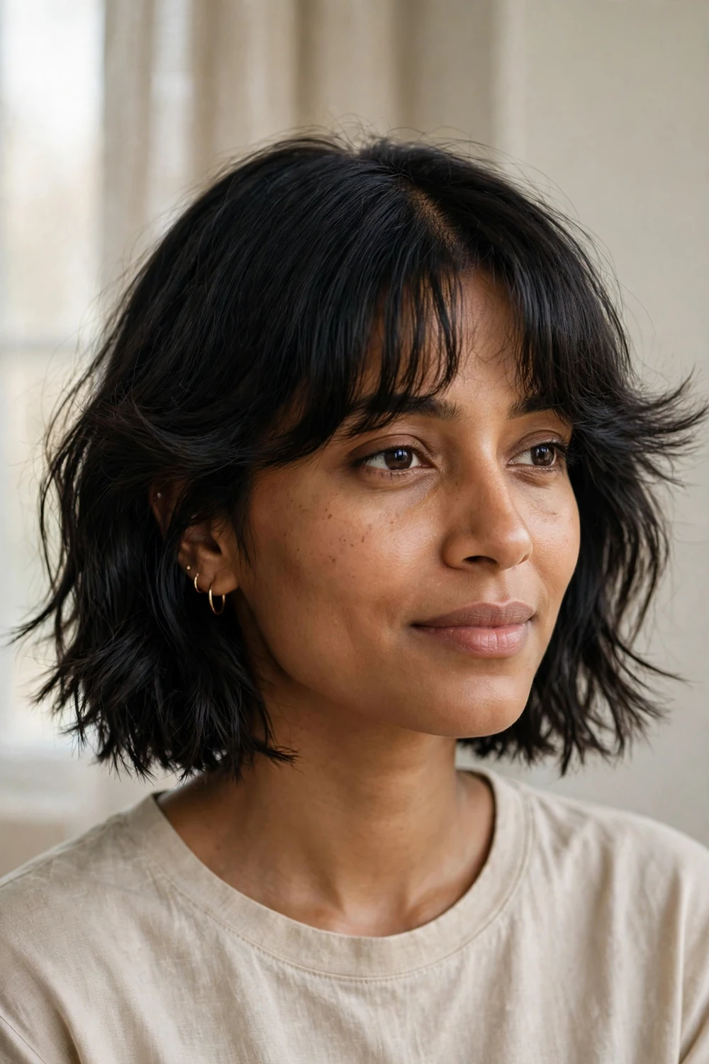 Woman with textured bottleneck bob and feathery bangs