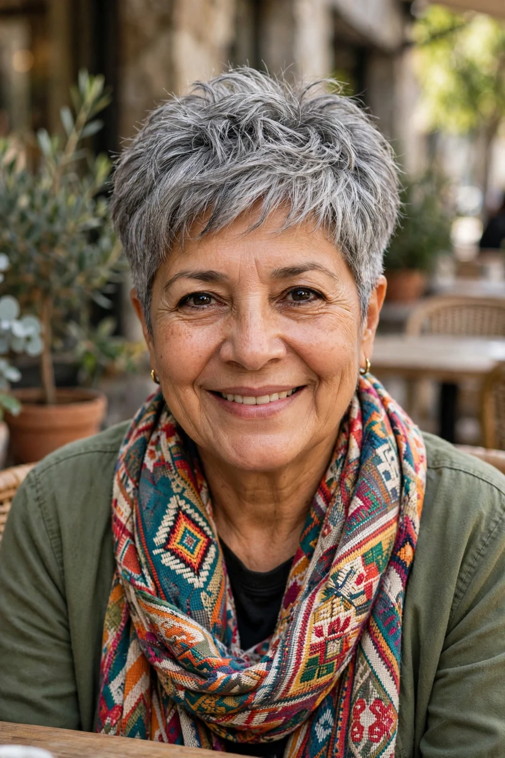 Latina woman in her early 60s with a choppy textured gray pixie with piecey layers