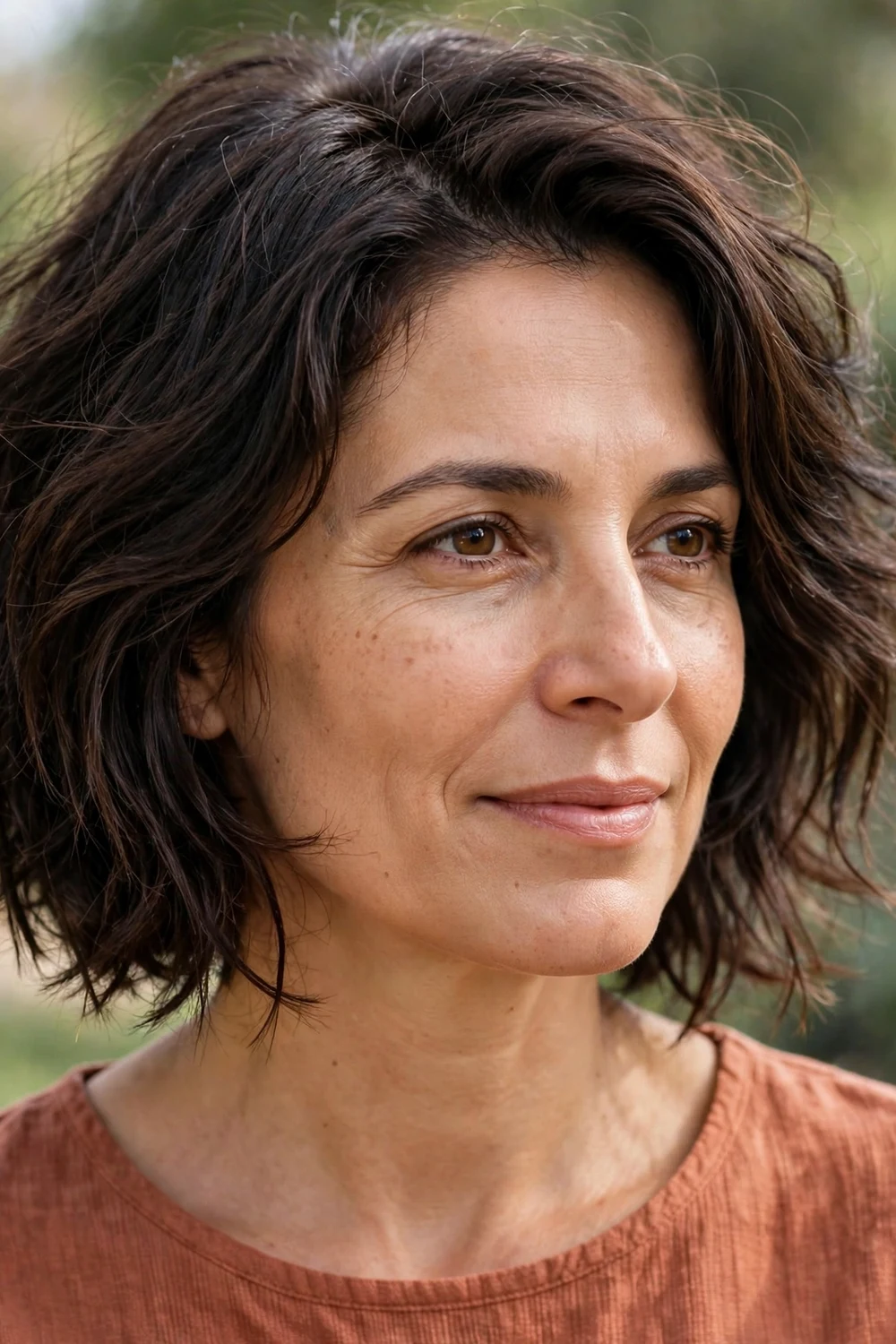 Woman with a textured Italian bob haircut with tousled piecey layers