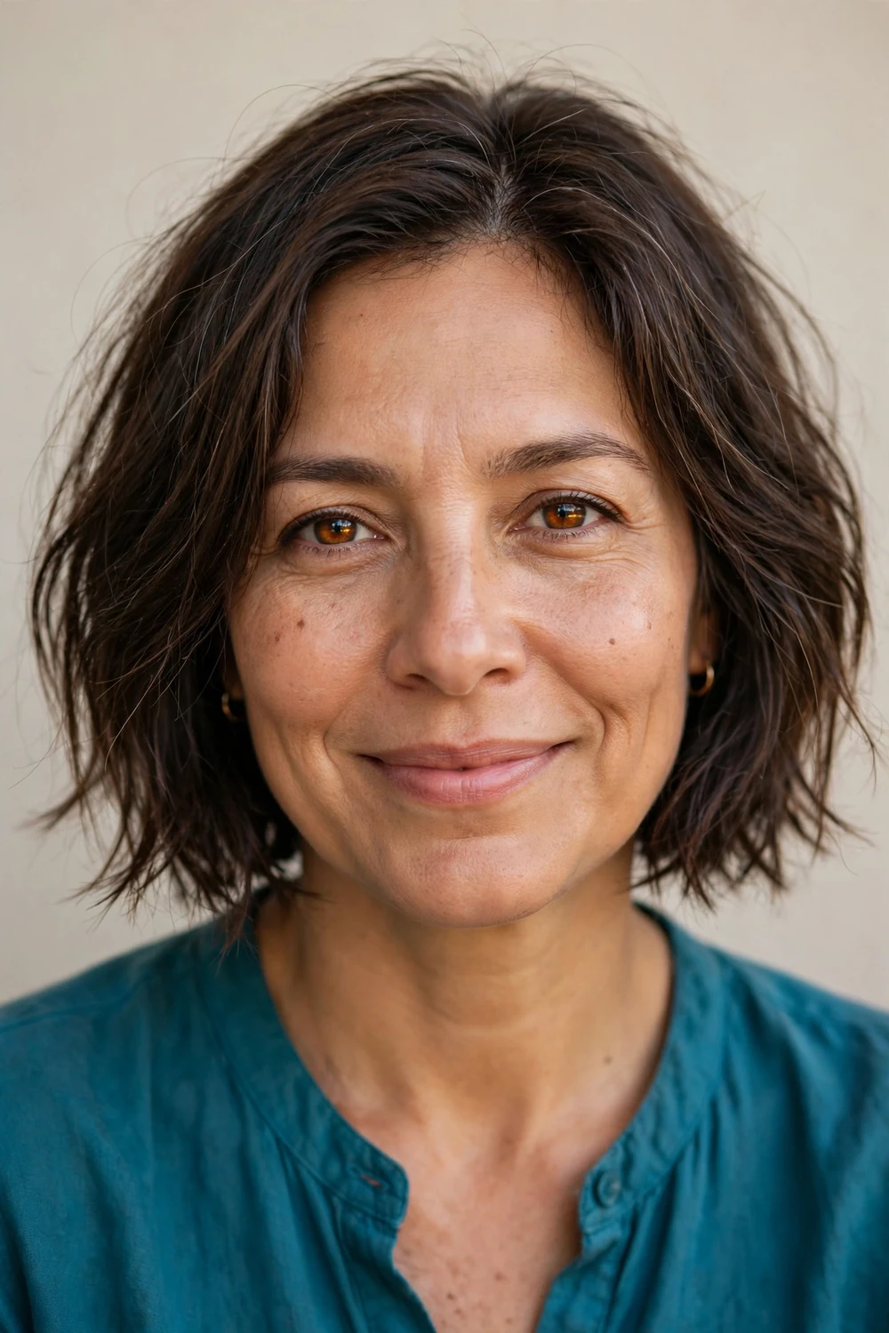 Woman with black hair in a textured layered bob with razor-cut layers