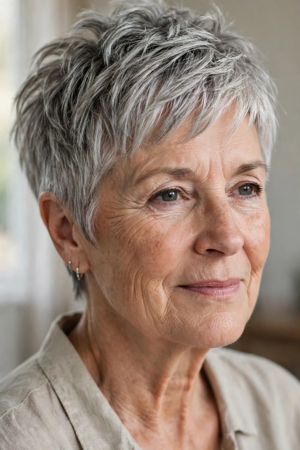 Woman over 60 with silver-gray textured layered pixie cut with choppy piecey layers