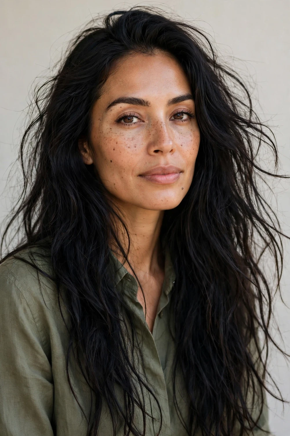 Latina woman in her mid thirties with an oblong face and extra-long tousled textured black hair
