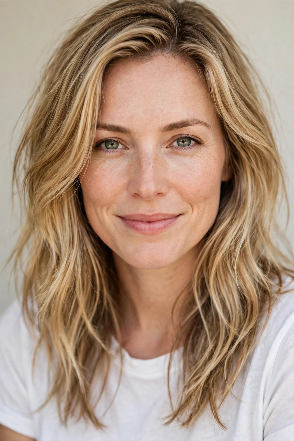 Woman with oval face wearing medium-length hair with textured long layers