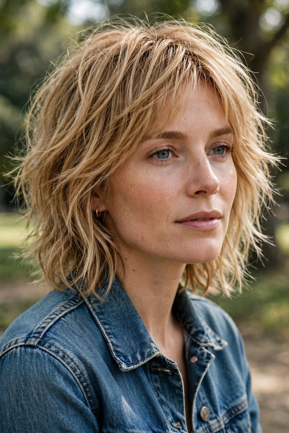 Woman with a textured medium shag haircut on thin hair