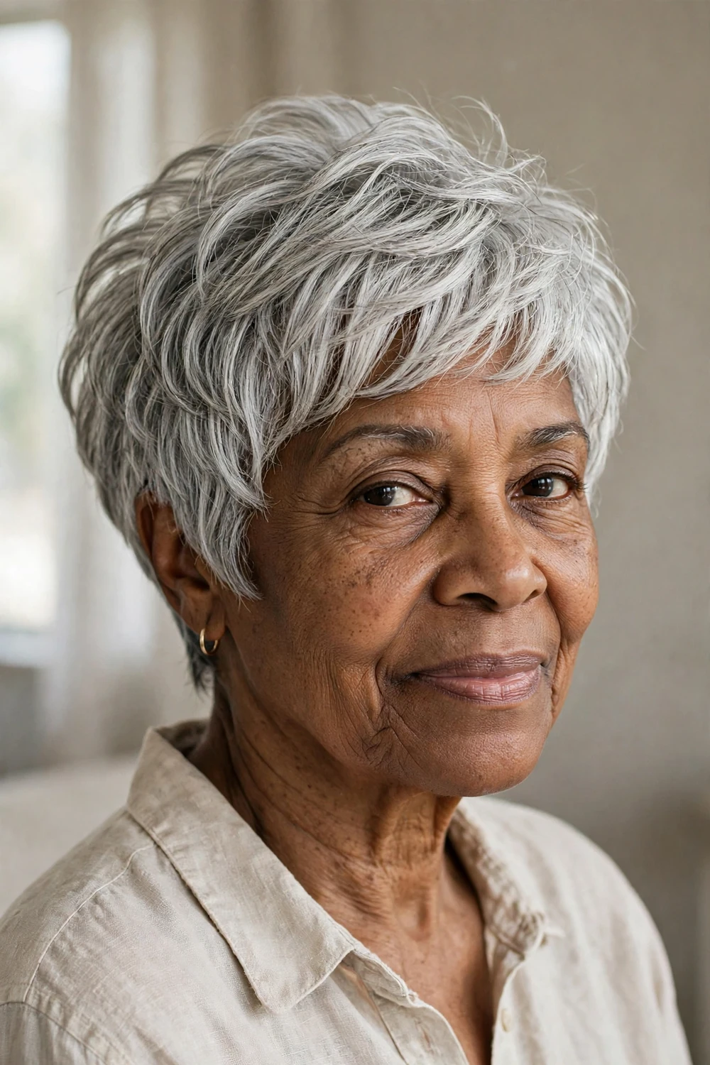 Textured micro bob with cropped length on a woman over 60 with fine silver hair