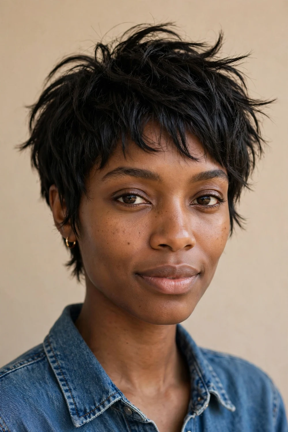 Woman with oblong face wearing a textured piecey pixie haircut with defined choppy layers
