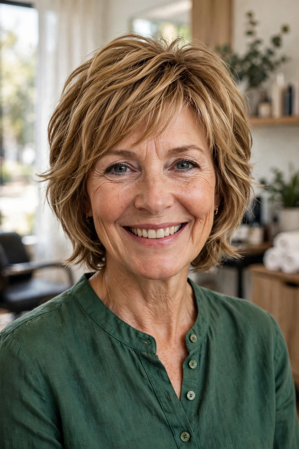 Woman over 50 with honey-blonde textured pixie bob blend