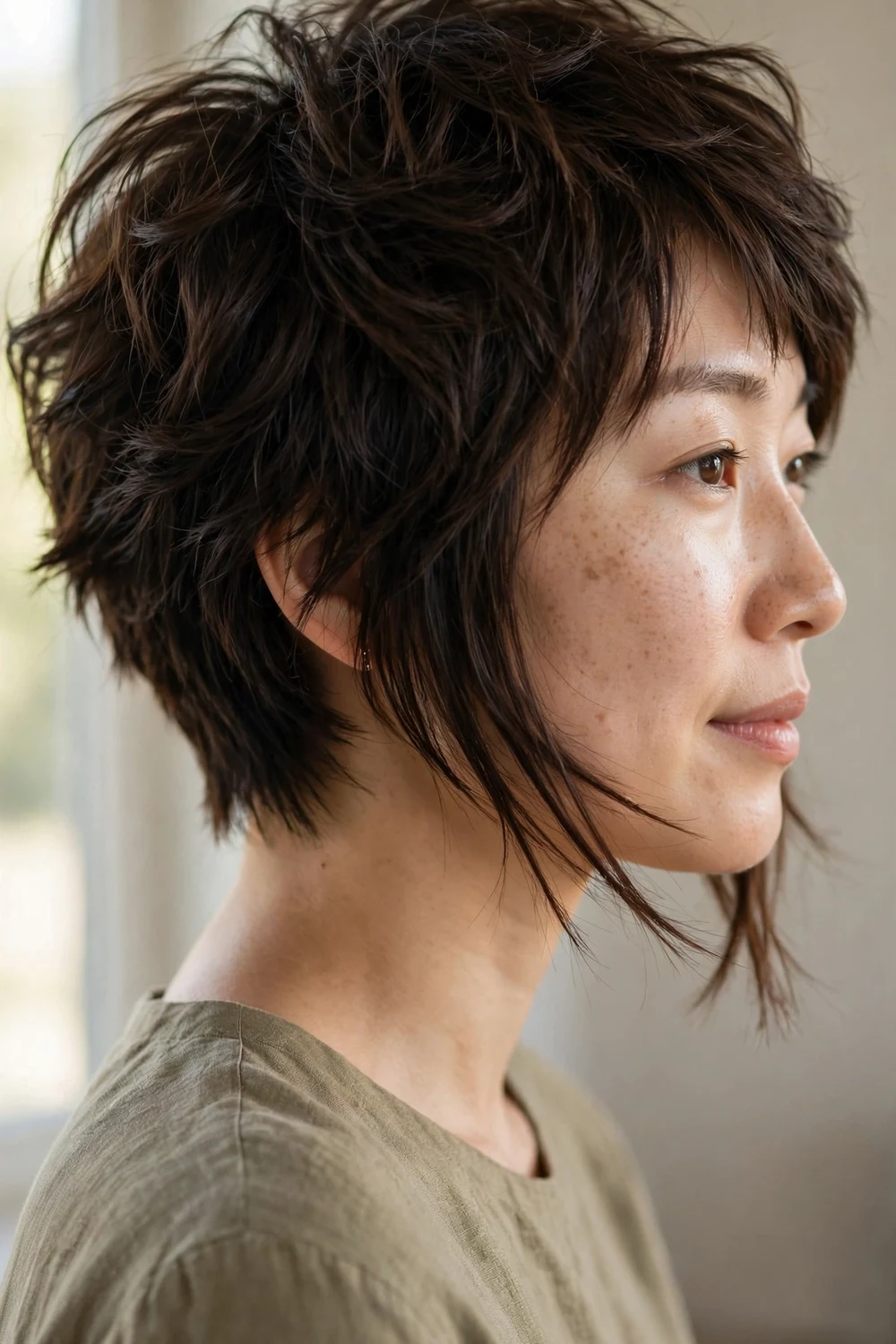 Textured pixie bob with stacked choppy back and longer front angled toward the chin