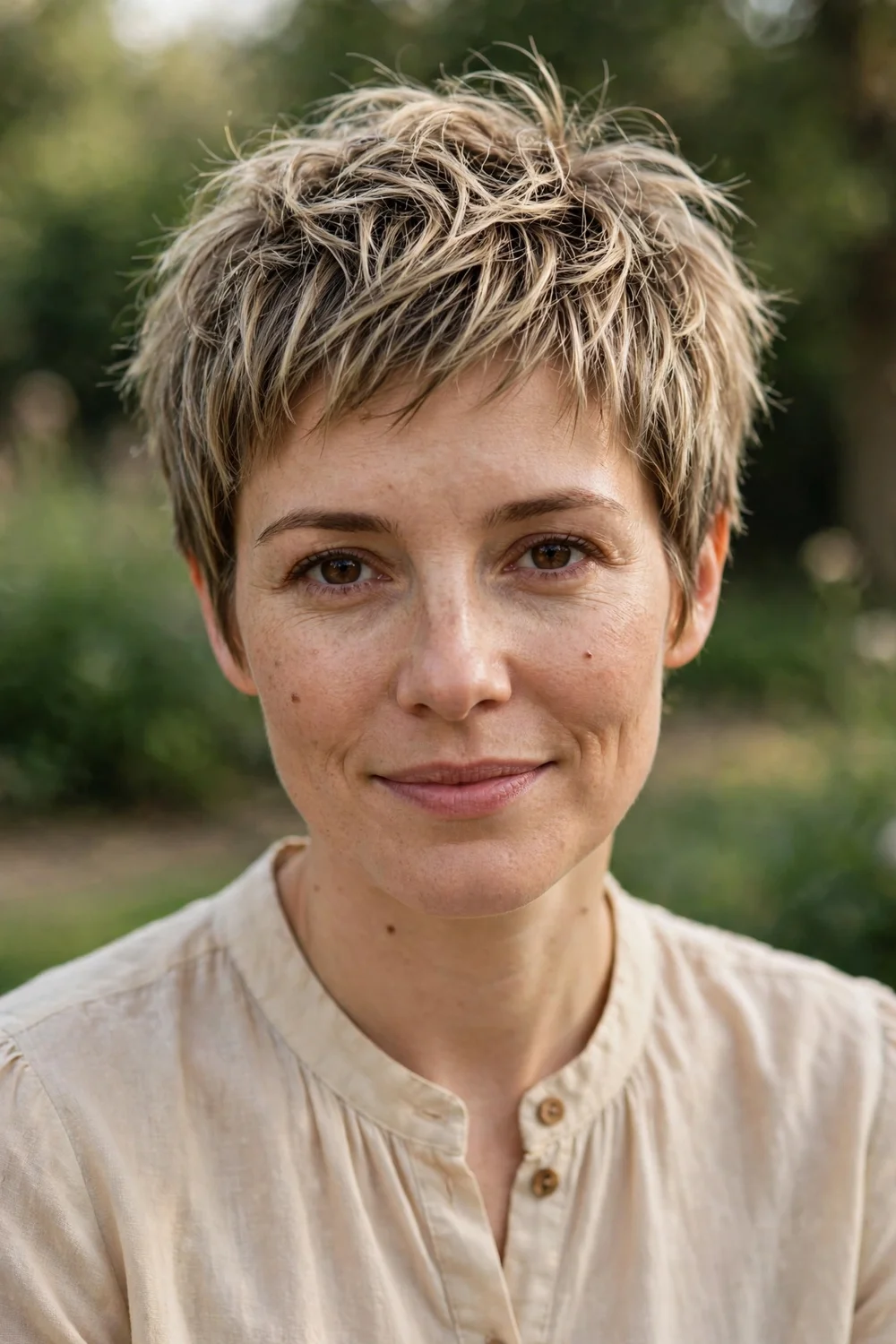 Woman with a textured pixie cut styled with volume on top for thin hair