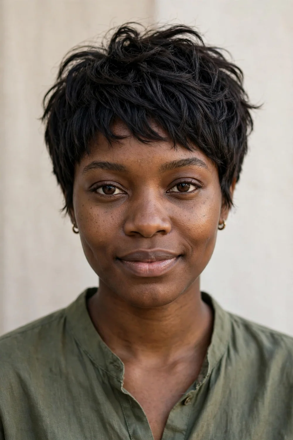 Woman with jet black hair in a textured pixie cut with piecey crown layers