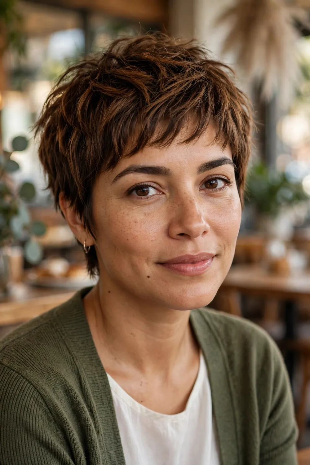 Woman with an oval face wearing a textured pixie with piecey ends