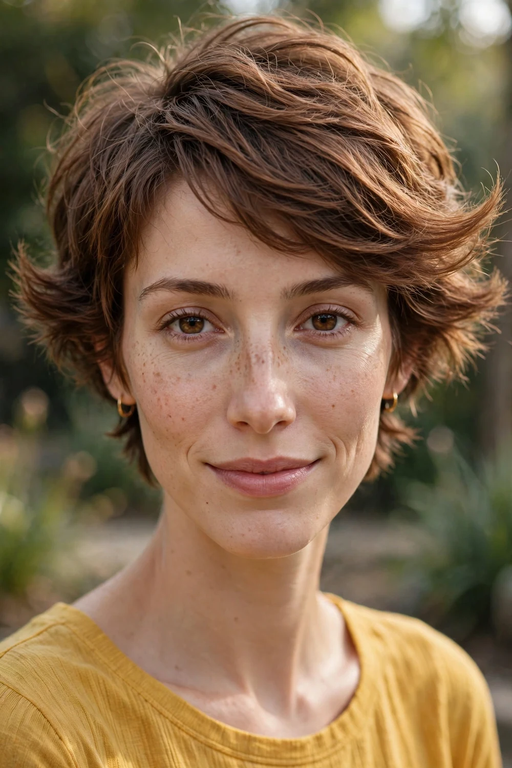 Woman with a long oval face wearing a textured pixie cut with volume at the sides and longer side-swept top