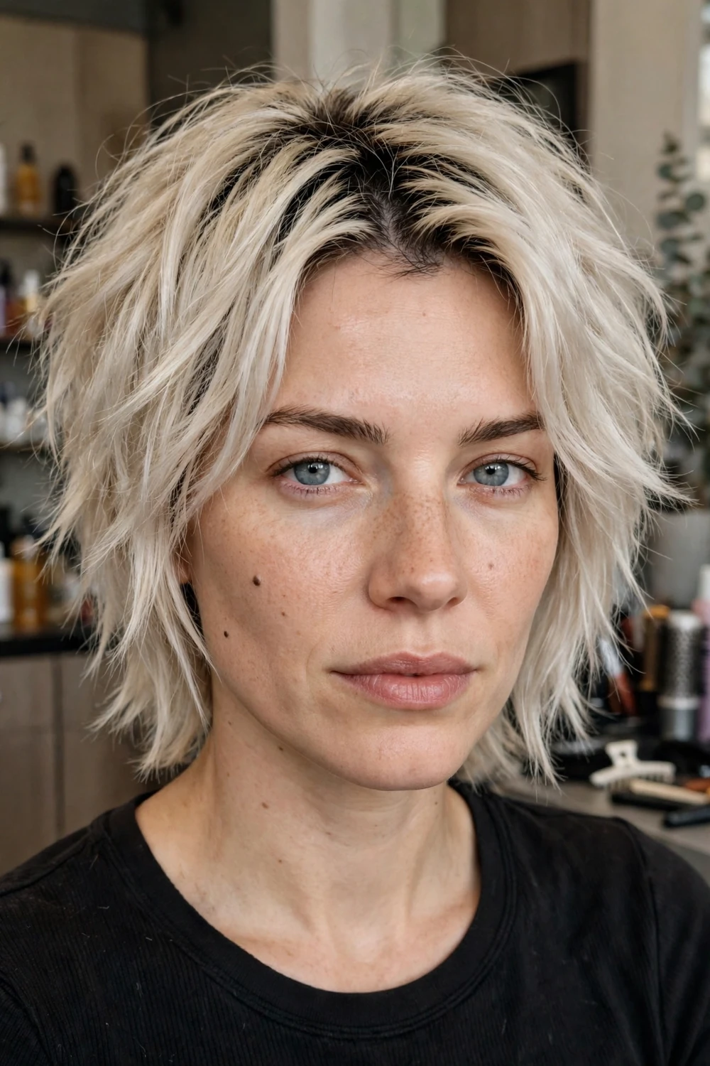 Textured platinum blonde layers with visible dark root contrast