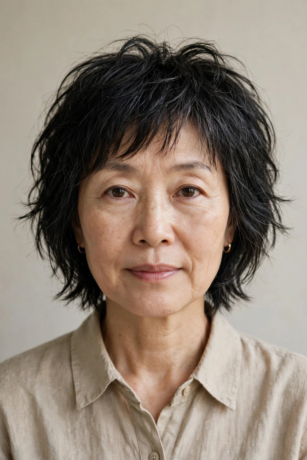 Woman over 50 with a textured shag haircut with choppy layers giving thin hair a fuller look