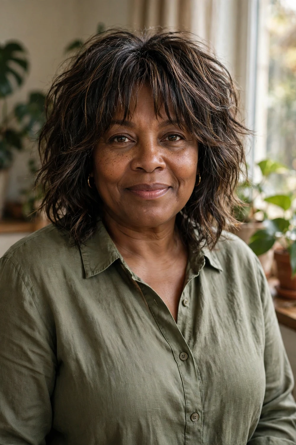 Plus-size Black woman in her late 40s with a textured shaggy lob and curtain bangs