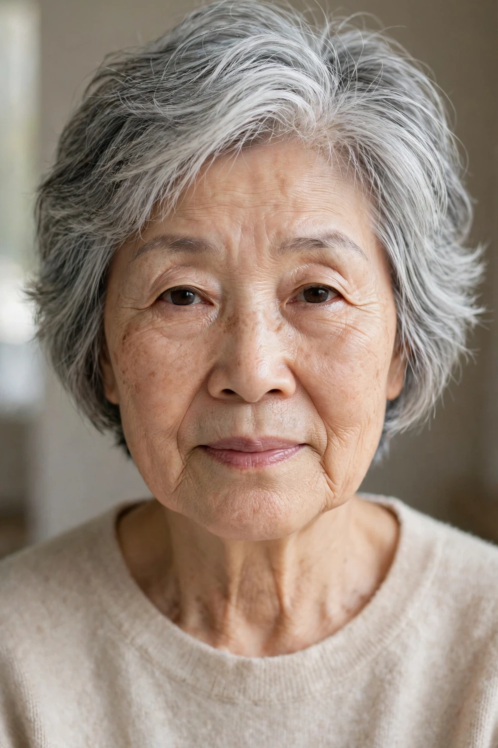 Textured short gray bob on a woman over 60 with fine white hair