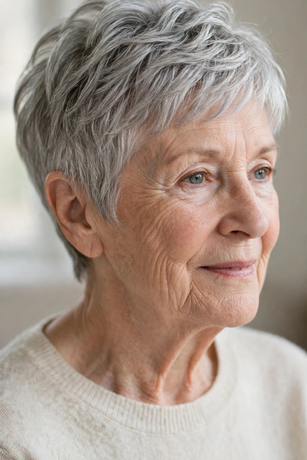 Textured silver pixie haircut for a woman over 70