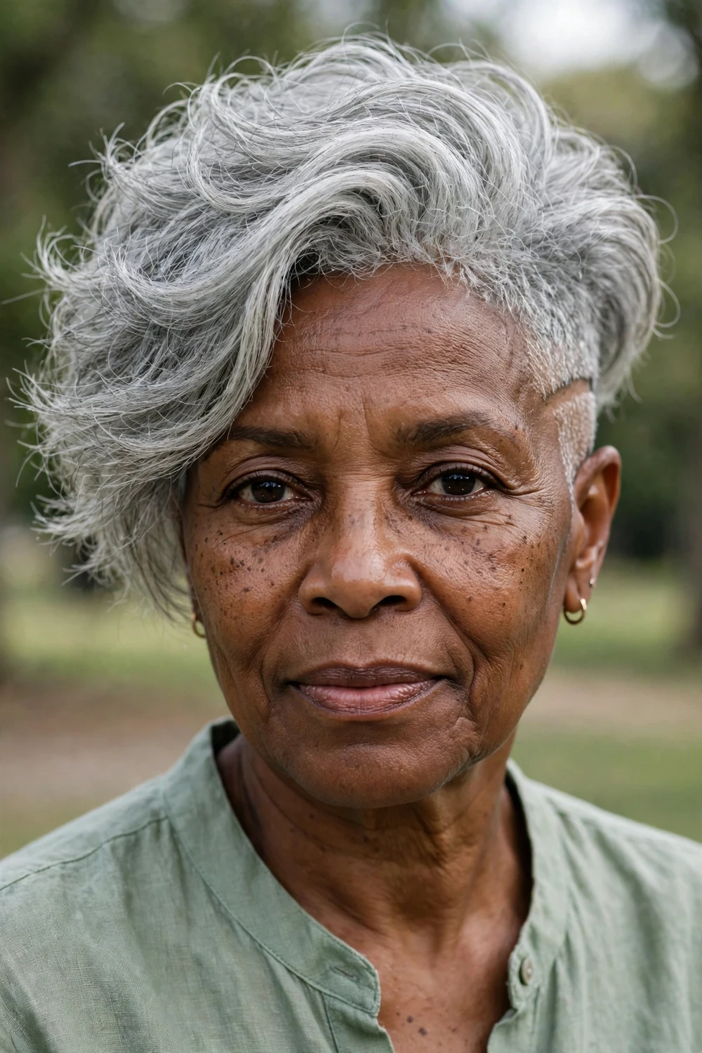 Woman in her 60s with textured silver pixie and shaved undercut, side view